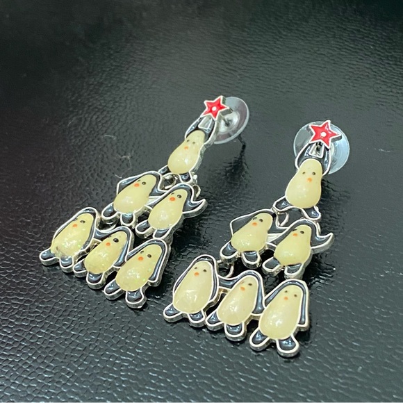 Enameled Christmas Tree Penguin Earrings - Picture 6 of 12